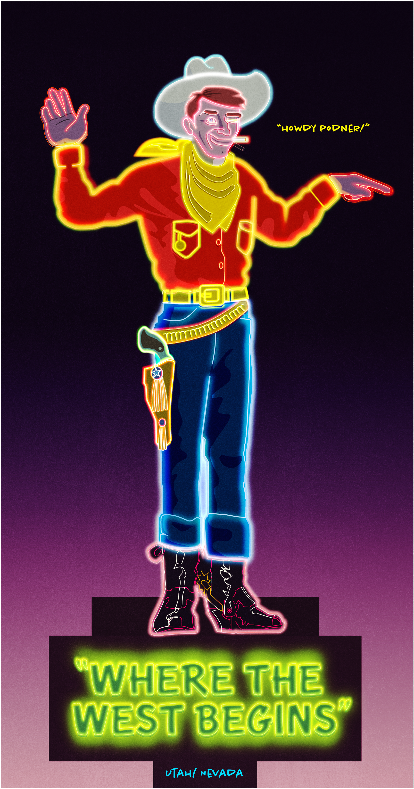 Wendover Will Neon Cowboy – illustration by Oscar Reyes Chavez